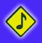 Yellow and green diamond-shaped icons with musical notes on blue background, showing animation changes in size and color.