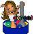 Pixelated static icon of a cartoon woman with brown hair holding a large gray object, standing on a blue base with colorful circular elements and partial text.