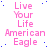 Pink text reading "Live Your Life American Eagle" arranged in a pattern with scattered blue dots on white background