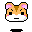Pixel art hamster head with orange-brown fur, pink inner ears, black eyes, white muzzle, and small pink cheeks on a gray background.