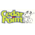 Pixelated yellow text 'Redcar' with blue outline and red dot, next to grayscale cartoon dog on white background.