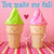 Two ice cream cones with smiling faces on a striped surface, one green-topped and one pink-topped, with a small red heart between them on a pink background.