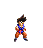 Pixel art character in blue martial arts uniform with red belt and brown pants, shown across three of static poses on gray background