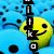 Pixelated yellow smiley face with black eyes and mouth, overlaid by vertical black-and-white segmented shapes on a blue background with scattered dark pixels.