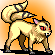 Pixelated cartoon creature with tan and brown fur, red eyes, pink inner ears, multiple tails, standing against an orange gradient background.