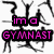nine with black line-drawn figures in gymnastic poses, each containing pink text on a black background