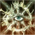 Pixelated close-up of a creature's face with a single visible blue eye, surrounded by light brown and white fur-like textures against a dark background.