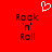 Red background with pixelated text 'Rock 'n' Roll' in black, two identical instances side-by-side, white pixelated heart symbol above center.