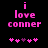 Pixelated pink text 'i love conner' on black background with five heart symbols below, two versions showing different heart arrangements.