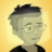 Pixelated portrait of a person with short light hair, glasses, and dark clothing against a yellow background.