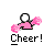 Four pixelated frames of a cheerleader icon with pink pom-poms and 'Cheer!' text on gray background.