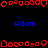 Red pixelated shapes form a border above and below blue text reading "Adam" on black background, with gray rectangle in bottom-right corner.