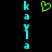 Pixelated cyan text 'kayla' vertically aligned on both sides of a green heart symbol against black background.