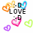 Pixelated icon with colorful hearts and emoticons, displaying 'LOVE', 'YOU', and 'TOO!!' text across three states.
