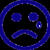 Blue circular outline with black background, two square eyes, a downturned mouth, and a single teardrop on the right side.