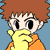 Pixel art contact sheet of a cartoon character with brown hair and orange shirt performing sequential hand gestures over mouth against blue background.