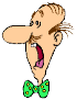 Cartoon character with large nose and green bow tie in three distinct poses against gray background.
