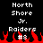 Pixelated text displays 'North Shore Jr. Raiders #8' with red flame-like shapes at the bottom on a black background.