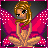 Pixel art fairy character with blonde hair and pink wings in two sequential animation frames showing subtle pose changes against a dark background.