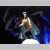 Pixelated static image of a figure in a dynamic pose with blurred motion effects against a dark background with blue and purple hues.