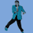 A 4-frame contact sheet of a pixelated animated icon showing a person in a blue blazer and black pants performing dance moves against a light blue background.