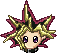Pixel art head with spiky blonde hair and magenta accents, showing two expressions: open eyes with purple irises and closed eyes.