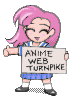 Pixel art character with pink hair holding a sign reading 'ANIME WEB TURNPIKE' in two poses: left hand extended, right hand raised.