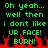 Green pixelated text on black background with red flames at bottom, repeating 'Oh yeah... well then i dont like UR FACE! BURN!' in two