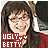 A pixelated image of a person with long brown hair and red glasses, wearing a red top, with 'UGLY BETTY' text overlay in white on dark red rectangles.