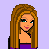 Pixel art of a female character with long brown hair, purple crop top, and blue jeans against light purple background.