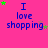 A bright pink background displays the text "I love shopping" in blue, with green and purple stars scattered around it.