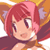 Pixelated anime-style character with short pink hair, large eyes, and a slight smile against an orange-brown background.