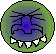 Three circular pixel-art icons with green, yellow-green, and brown borders display a creature's face showing teeth; the central color shifts from blue to pink to orange across frames.