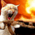 Pixelated image of a light-colored dog with mouth open, set against an orange and yellow gradient background.