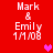 Red background with white text 'Mark & Emily 1M/08' repeated four times, pink heart symbols in different positions across frames.