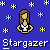 Pixel art of a woman with long brown hair in a blue and white top against a blue background with star-like shapes.