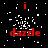 Red text 'dazzle' and small red 'i' symbols appear on a black background with scattered white pixels, transitioning between two states of pixel density.