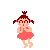Pixelated character in pink dress with pigtails, showing three distinct poses with heart and dot effects against gray background.