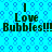 Pixelated blue background with repeating hexagonal patterns and dark green text reading "I Love Bubbles!!!" in two identical horizontal