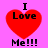 Four identical red heart-shaped icons with black text "I Love Me!!!" on a pink background, arranged in two of two