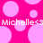 A static image with a bright pink background featuring light pink circles, displaying the text 'Michelle<3 Michelle<3' in white pixelated font.