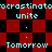 Red and black checkered background with cyan text repeating 'unite', 'Tomorrow', and partial words, arranged in a pattern