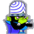 Pixelated cartoon character with blue and white striped hat, green face, black mouth area, yellow eyes, blue clothing, and visible pixelation artifacts on gray background.
