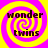 Four identical display a yellow and pink spiral background with 'wonder twins' text in dark brown pixelated font