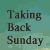 A static digital image with teal background and brown text reading "Taking Back Sunday" at top, "Tell ALL Your Friends" below, and fragmented words in the middle.