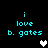 Pixelated cyan text 'i love b. gates' on black background with a white heart icon that changes to gray in subsequent frames.
