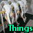 Four- with pixelated images: white hair, red-haired figure, colorful lips, and a textured surface. Text overlays read 'Things', 'That', 'I', 'Love'
