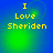 Four identical display yellow text "I Love Sheriden" on a blue-green gradient background with subtle circular light effects