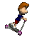 Pixelated cartoon character with orange hair and blue shirt rides a scooter through multiple motion frames against gray background.