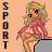 Pixel art of a blonde woman in an orange top and shorts sitting on a gray block, with 'SPORT' text vertically aligned left and right.